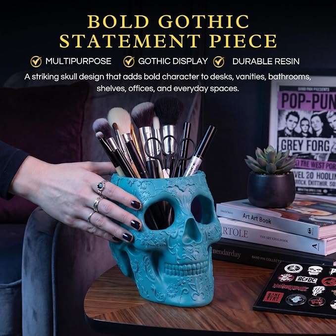 Skull Makeup Brush Holder, Pen Holder, Vanity, Desk, Office Organizer, Stationary, Decor Planter, Candy Bowl, Goth Decorations, Extra Large, Skulls Gothic Skull & Bones Organizer Bathroom (Blue)