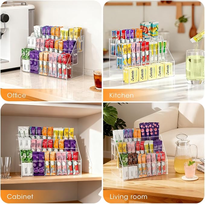 AIEVE Drink Packet Organizer with 15 Compartments, Water Packet Organizer for Water Flavor Drink Mix, Easy Assembly Acrylic Sugar Packets Holder for Cabinet Kitchen Storage Organization