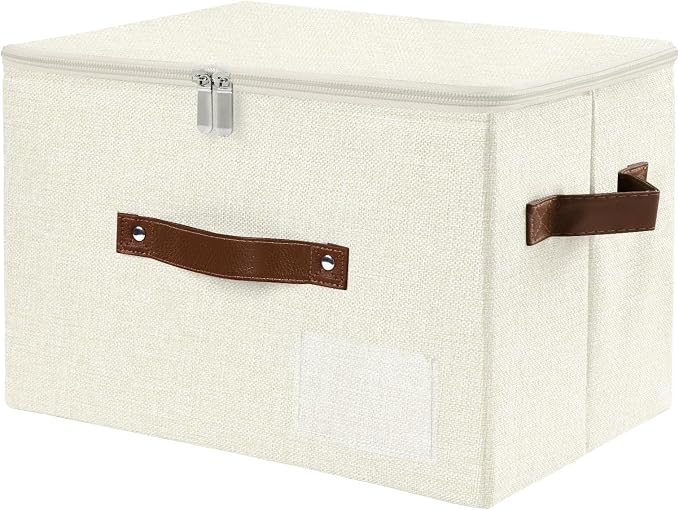 ANMINY Storage Bins with Zipper Lid Storage Boxes with Label Holder PU Leather Handles Washable Foldable Decorative Lidded Cotton Linen Fabric Cubes Baskets Closet Organizer - Beige, Medium