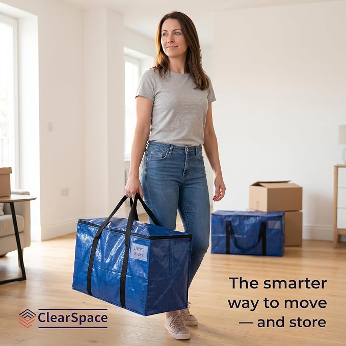 ClearSpace Heavy Duty Moving Bags or Storage Bag – Large Moving Boxes with Backpack Straps, Zippers & Handles – Perfect for Moving, College Dorm, Traveling, Camping, Christmas Decorations, 6 Pack
