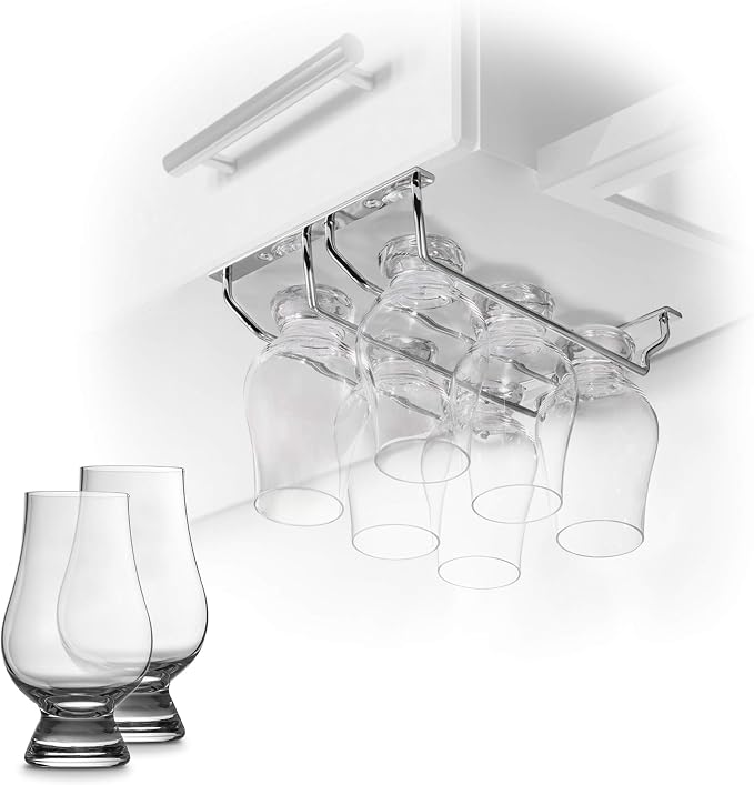 CairnCradle Whiskey Glass Rack - Under Cabinet Whisky Tasting Glasses Holder Storage Hanger Metal Organizer for Bar Kitchen (2 Across x 3 Deep, Polished Stainless)