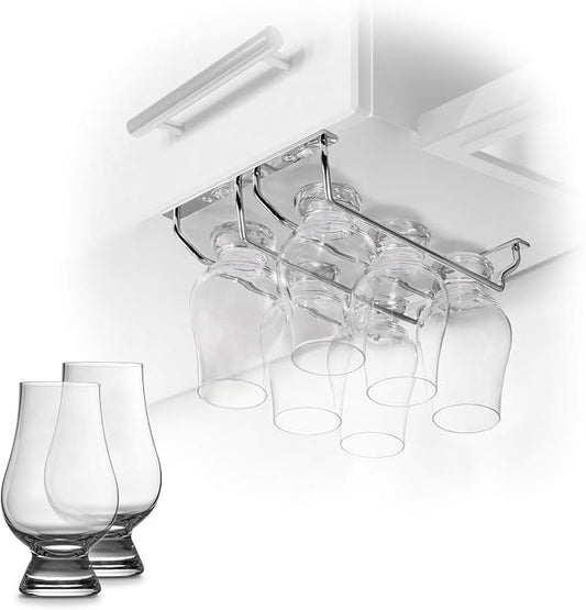 CairnCradle Whiskey Glass Rack - Under Cabinet Whisky Tasting Glasses Holder Storage Hanger Metal Organizer for Bar Kitchen (2 Across x 3 Deep, Polished Stainless)