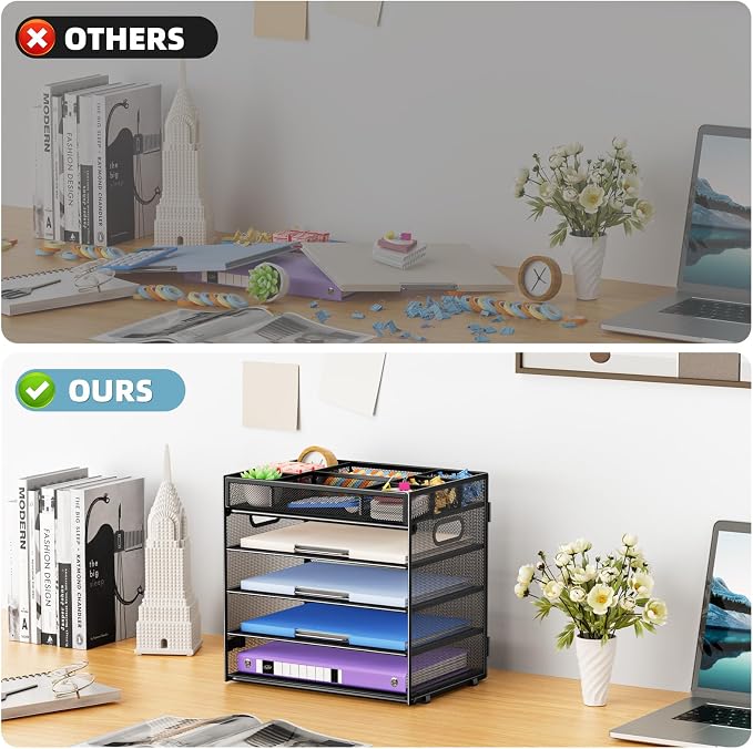 Marbrasse 5 Tier Paper Organizer Letter Tray, Mesh Desk File Organizer with Handle, Paper Sorter Desk Organizer for Home Office Supplies - Black, Adjustable