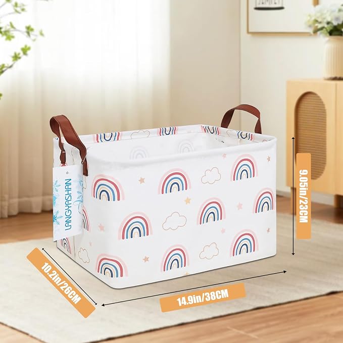 Rectangular Collapsible Cloud Rainbow Storage Basket Nursery Organizer | Storage Bin Foldable Canvas with Handles for Organizing Home Kitchen Children Toys Office Closet Shelf Baskets
