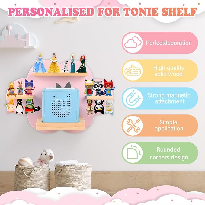 Clouds for Toniebox 1/2 Tonies Figures Organizer Storage Shelf Wall Mounted, Magnetic Floating Shelves for Toniebox Player Display Collection 20~30 Characters (Pink)