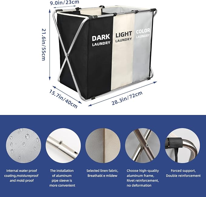 135L Laundry Cloth Hamper Sorter Basket Bin Foldable 3 Sections with Aluminum Frame 26''×24''H Washing Storage Dirty Clothes Bag for Bathroom Bedroom Home Storage Basket (Black+light grey+dark grey, 3