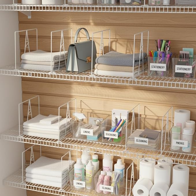 Wire Shelf Dividers - White Closet Organization & Storage Organizer - No Tool Shelf Divider for Wire Shelves - Metal Shelf Accessories – for 12“ Deep Wire Shelves – Tall 12” Height – 4 Pack