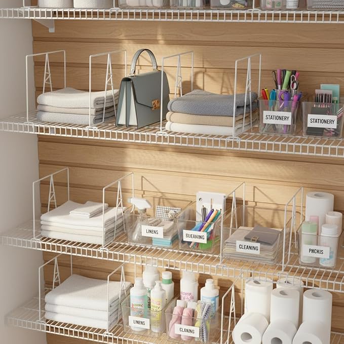 Wire Shelf Dividers - White Closet Organization & Storage Organizer - No Tool Shelf Divider for Wire Shelves - Metal Shelf Accessories – for 12“ Deep Wire Shelves – Tall 12” Height – 12 Pack
