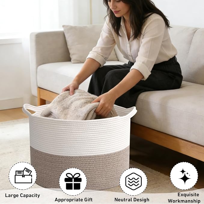 90L Extra Large Blanket Basket,Woven Rope Laundry Basket Hamper with Handles, Decorative Nursery Basket Storage Bin for Toys, Clothes Organizer, Living Room, Bedroom, Bathroom, White & Brown