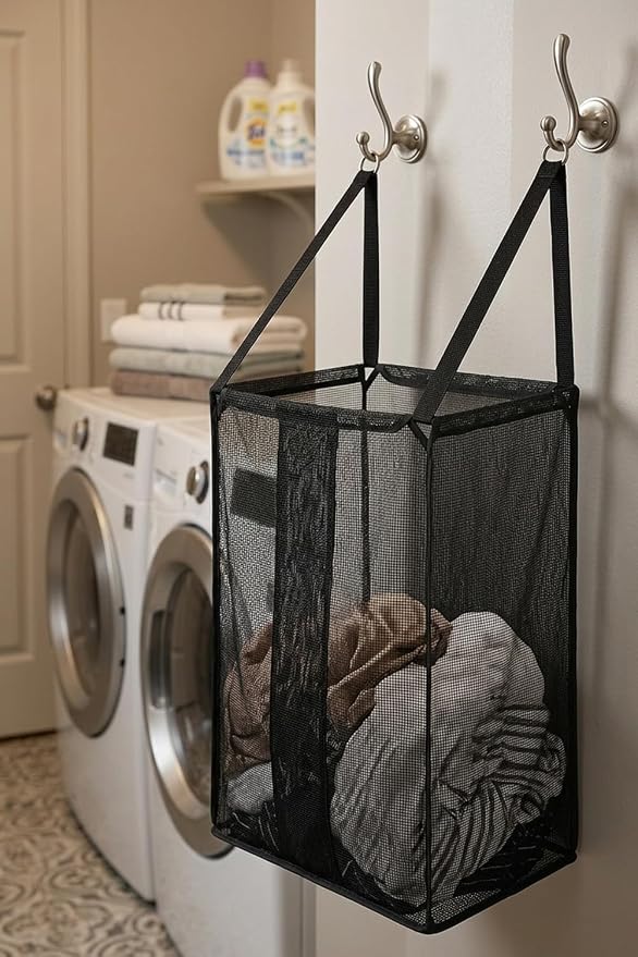 ALYER Wall Hanging Mesh Laundry Hamper,Poolside Toy Storage Baskets with Big Metal Support Opening,Hardware Included (Black)