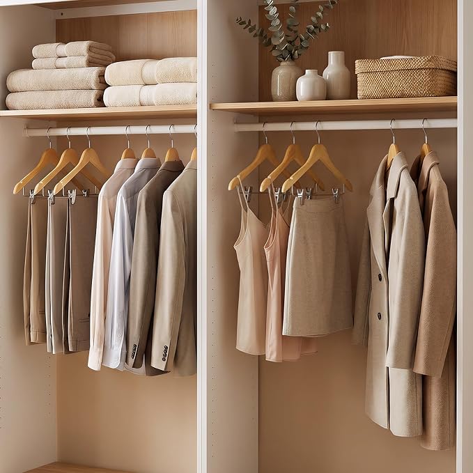 HOUSE DAY 12 Pack High-Grade Wooden Suit Hangers Skirt Hangers with Clips Solid Wood Pants Hanger Natural Smooth Finish Premium Wood Hanger with Durable Metal Clips for Blouse, Dress, Coat, Jacket