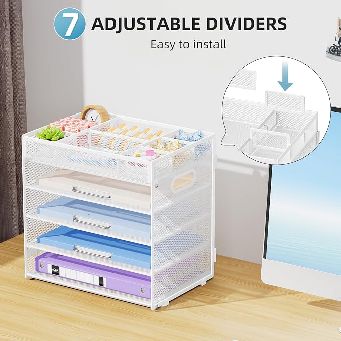Marbrasse 5 Tier Paper Organizer Letter Tray, Mesh Desk File Organizer with Handle, Paper Sorter Desk Organizer for Home Office Supplies - White, Adjustable