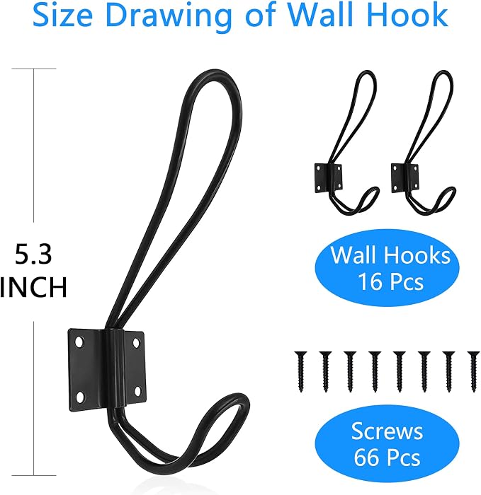 Hajoyful Rustic Entryway Hooks-16 Pack Farmhouse Hooks with Metal Screws Included, Black Decorative Wall Mounted Rustic Coat Hooks Rack, Double Vintage Organizer Hanging Wire Hook Clothes Hanger