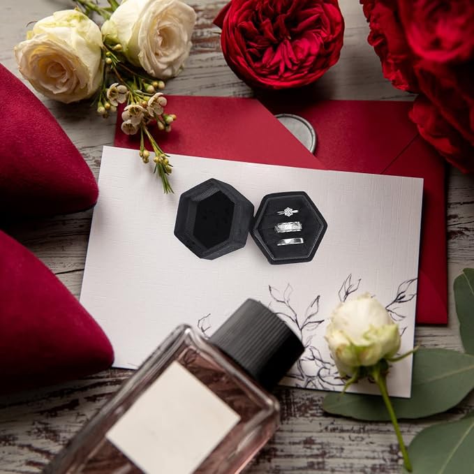 WantGor Velvet Jewelry Ring Box, 3 Slots Hexagon Ring Gift Box Ring Holder | Vintage Ring Display Case for Wedding Ceremony Proposal Engagement (Black, 3 Slots)