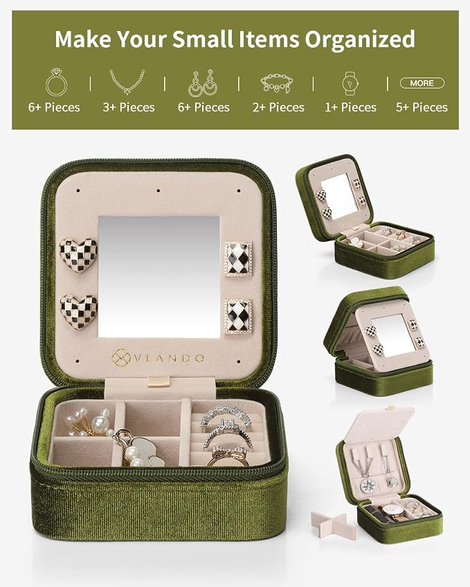 VLANDO Plush Velvet Travel Jewelry Case, Personalized Initial Jewelry Boxes for Women Girls, Mini Jewelry Travel Organizer Travel Essentials for Birthday Gifts - Letter J, Green
