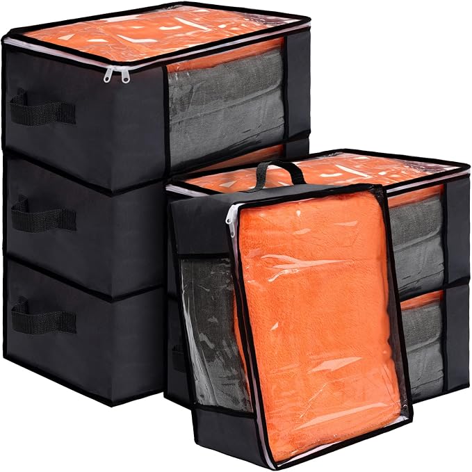 Sadnyy 6 Pcs Clear Storage Bags with Zippers Foldable Clothes Containers Case Plastic Organizer Large Sweater Storage Bins with Handles for Fabric Blanket Cloth Bedding(16 x 12 x 8 Inch,Gray)