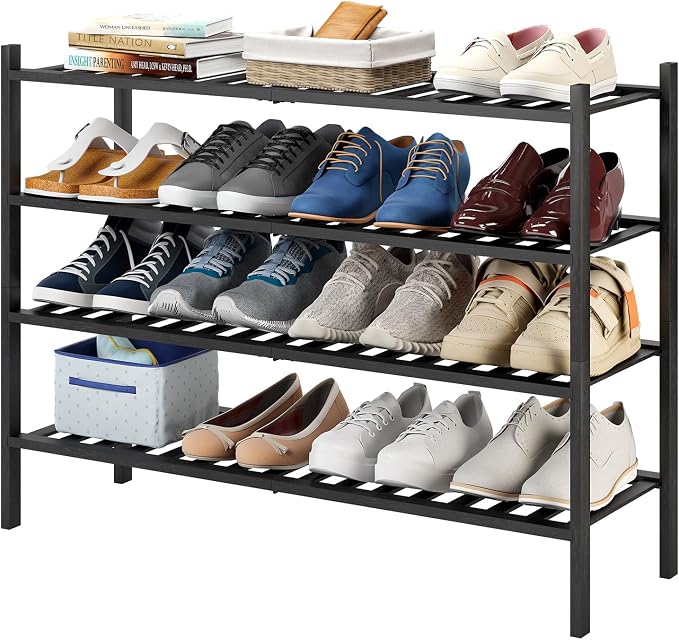 Long Shoe Rack, 4-Tier Bamboo Stackable Shoe Shelf Storage Organizer, Shoe Stand for Closet, Entryway and Hallway(Black)