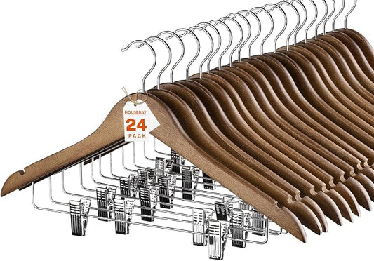 HOUSE DAY Wooden Hangers with Clips 24 Pack, Heavy Duty Walnut Wood Pants Hanger, Premium Skirt Hanger with Adjustable Clips, Solid Clip Hangers for Suit, Blouse, Dress, Coat, Jacket, Bottom