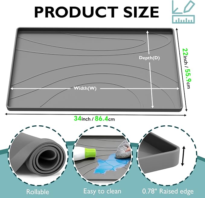 Under Sink Mat 34" x 22", Silicone Under Sink Liner for Kitchen and Bathroom, Waterproof Cabinet Protector Drip Tray, Protects Cabinets from Leaks and Spills