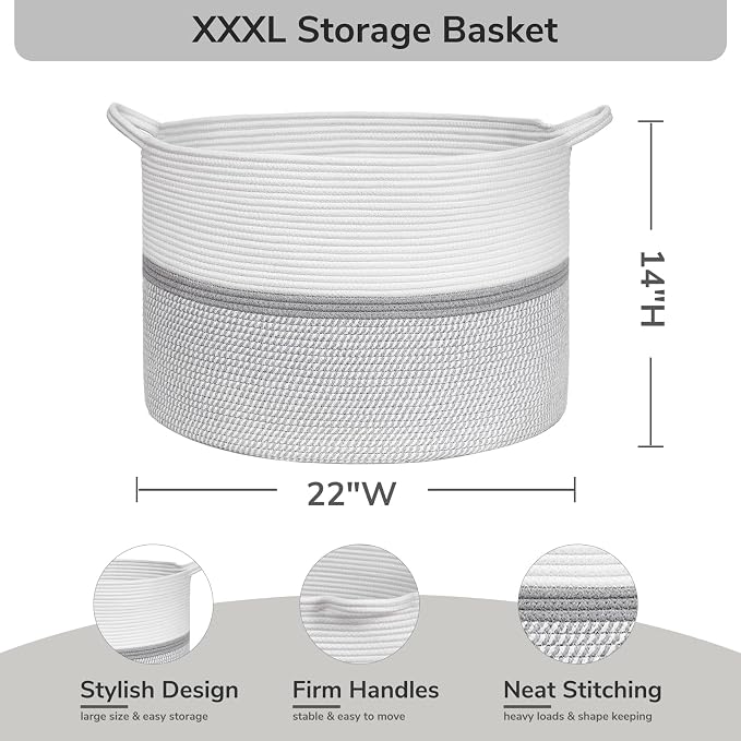 CHICVITA 85L Large Blanket Basket for Living Room, Woven Storage Baskets for Laundry Pillows Toys, Decorative Cotton Rope Basket with Handles for Bedroom Nursery, 22" x 22" x 14", Gray