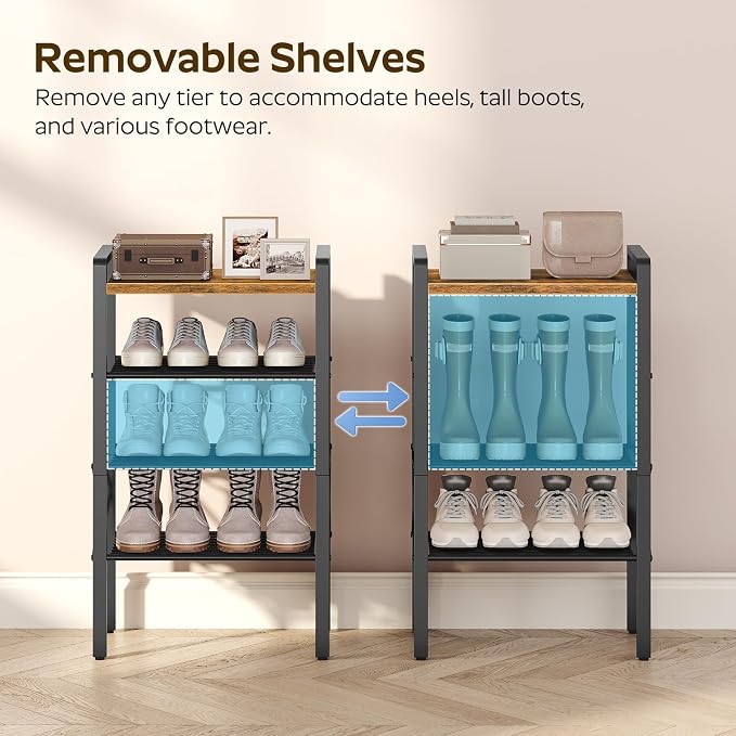 YATINEY 4-Tier Narrow Shoe Rack, Tall Shoe Rack for 4-8 Pairs, Slim Shoe Storage Organizer with Wooden Top, Space Saving, Metal Frame, for Entryway, Rustic Brown and Black SS64BR