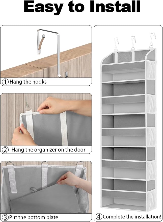 TAHAVICE 1 Pack Over The Door Storage Organizer with 5 Large Pockets | 44 lbs Weight Capacity Door Hanging Organizers with 10 Mesh Pockets for Bedroom,Bathroom,Nursery,Kidroom(Light Gray)