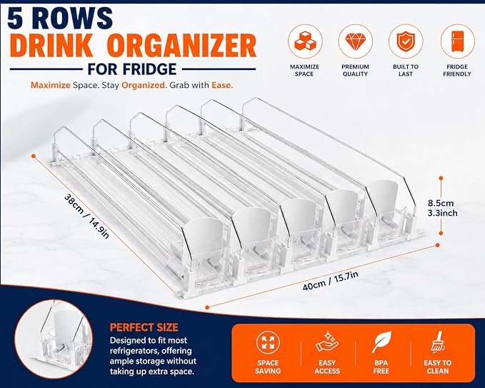 Drink Organizer for Fridge with Cleaning Brush, Soda Can Dispenser for Refrigerator, Automatic Drink Dispenser for Fridge Holds up to 25 Cans, 5 Row Adjustable Organizer with Smooth Pusher Glide White