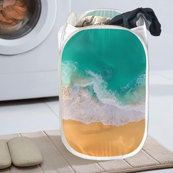 AFPANQZ Pop Up Laundry Hamper with Side Pocket Collapsible Design for Clothes, Seaside Print Laundry Toys Nursery Save Place for Home Easy Folding for Travel 61L,13.5x13.5x21 inches