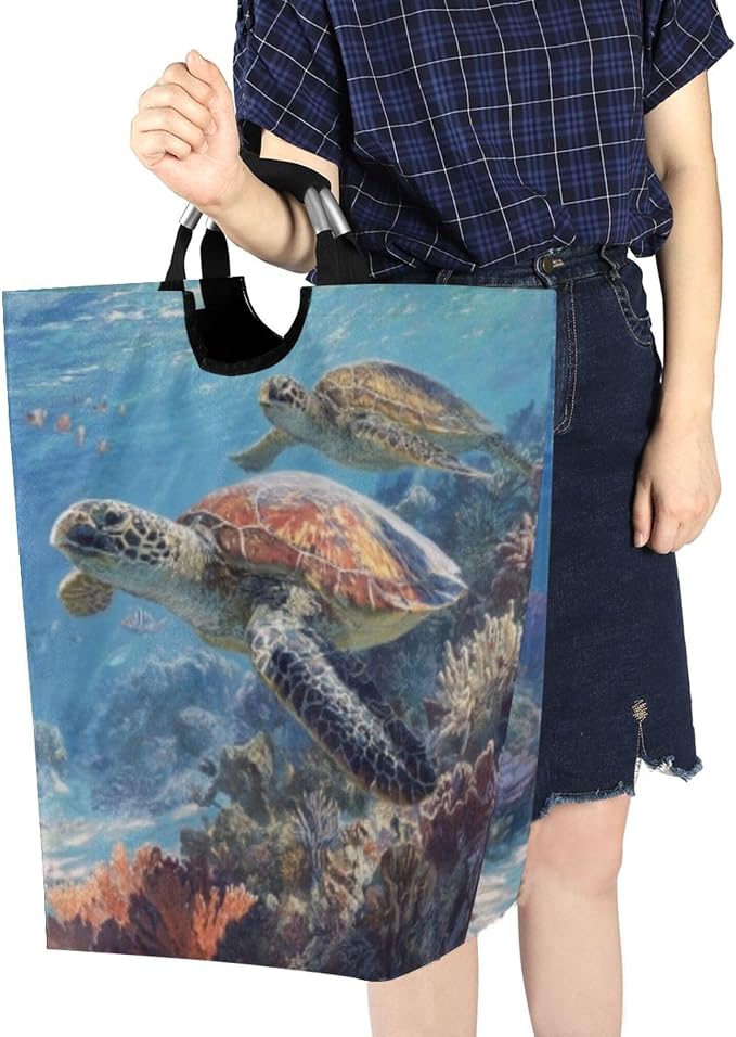 Sea Turtles Swimming in Vibrant Coral Reef Large Laundry Hamper Basket, Collapsible Laundry Bag Storage Bins Baskets with Handles for Laundry, Bedroom, Home Decor