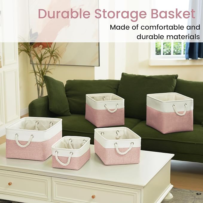 15x11x10 In Foldable Fabric Large Storage Bins with Handle 6 Pack | Organizer Baskets, Sturdy Metal Strand, Cardboard Support Molding, Storage Baskets for Shelves, Closet, Bedroom, White/Pink