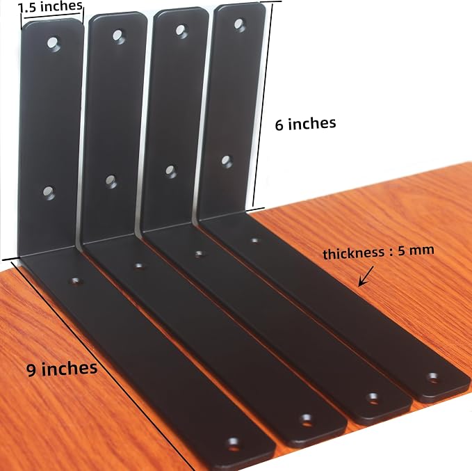 2 Pack - L 9" x H 6" x W1.5, 5mm Thick Black L Shelf Bracket, Iron Shelf Brackets, Metal Shelf Brackets, Floating Shelf, Shelf Supports with Screws