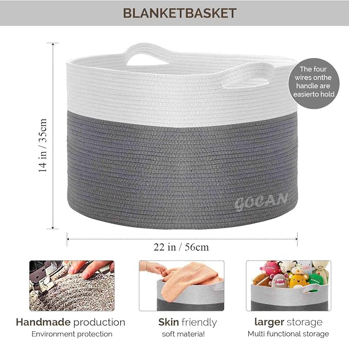 GOCAN Storage Baskets for Organizing D22"H14" Large blanket basket laundry basket Cotton Rope Woven Basket for toy towl in Living Room (Ltgrey/Beige) XXXL