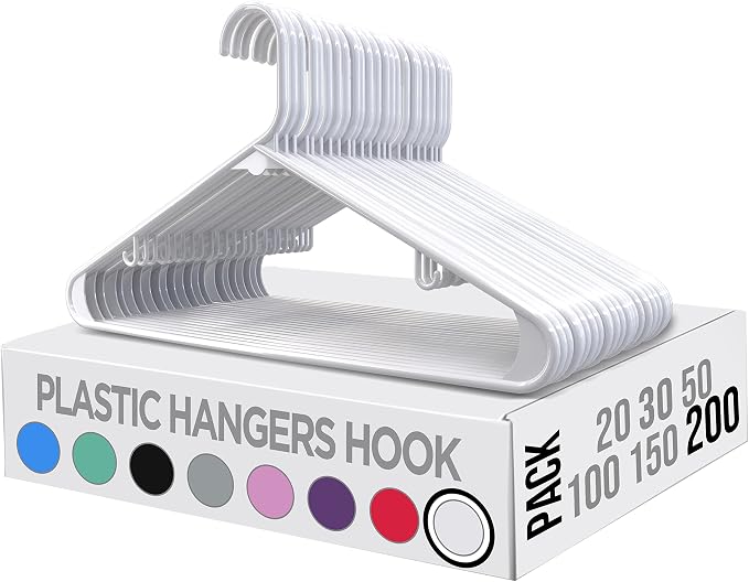 Utopia Home Plastic Hangers 200 Pack – Built-in Strap Hooks White | Space saving | Durable & strong | Closet organizer | Clothes hangers | Ideal for shirts, pants, skirts & coats