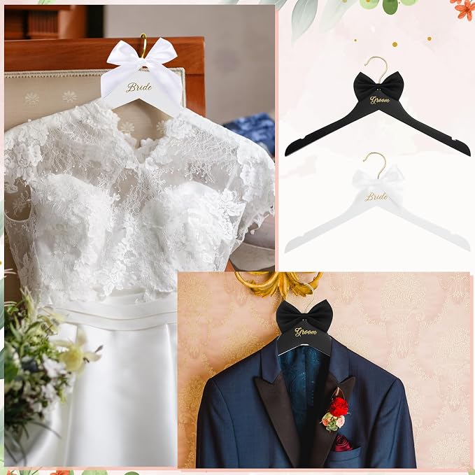 Beeveer 2 Pcs Bride Hanger and Groom Wedding Wooden Hanger with Letter and Bow Tie for Tuxedo Suit Bridesmaid Bridal Wedding Gift Bridal Party Shower (Classic)