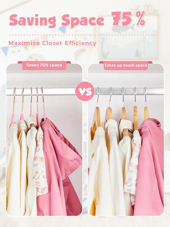 Smartor Kids Velvet Hangers 50 Pack, 14 Inch Premium Non Slip Kids Felt Hangers for Closet, Space Saving Toddler Clothes Hanger for Youth's Childrens' Clothes (Rose Gold Hook)- Pink