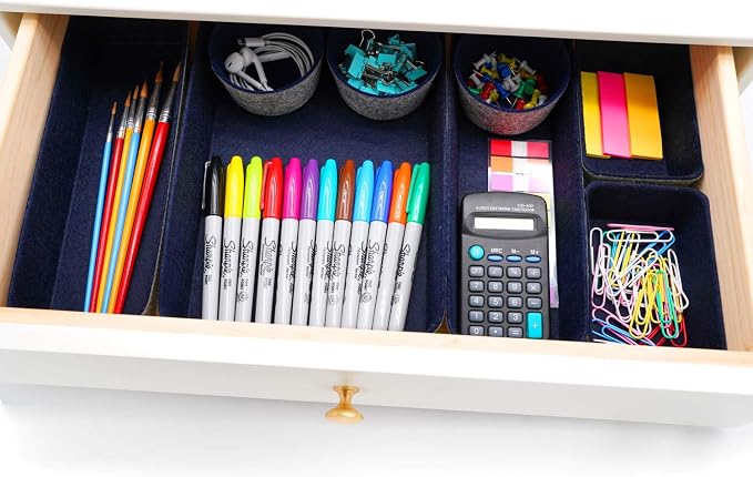 Welaxy 8-piece office desk drawer organizers trays felt small Storage bins shallow box draw dividers for Office supplies Multi-purposed organize gifts idea for men (Navy)
