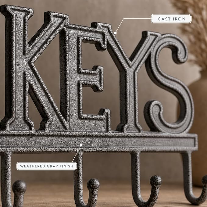 Comfify Gray Cast Iron Key Holder for Wall – Keys Sign with 4 Hooks | Neutral gray versatile finish; mounting hardware included; entryway, hallway or door; 6"H x 8"L; holds 8 keychains