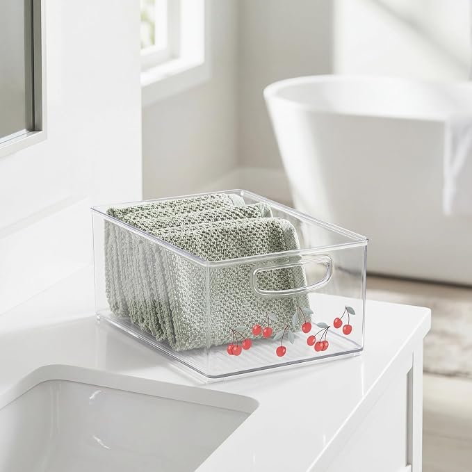 iDesign Bathroom Organizer Bin, Decorative Print - Stackable Plastic Storage Basket for Makeup & Vanity Organization - Clear/Red
