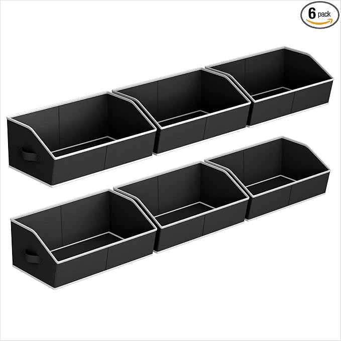 Homsorout Storage Bins for Shelves - Large Trapezoid Closet Shelf Organizer, Fabric Organization Bins with Handles, Storage Baskets for Clothes, Towel, Blanket, 6 Pack, Black
