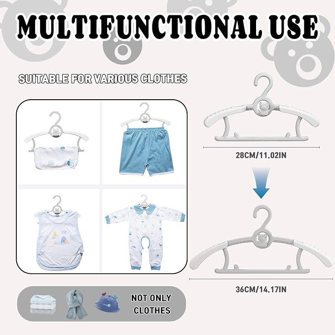 Baby Clothes Hangers 50 Pack, Plastic Kids Hangers Space Saving for Closet | Grey Hanger for Toddler Girl and Boy - Lightweight Anti-Slip Cascading Padded Extendable Adjustable Pant Bear Children Hangar