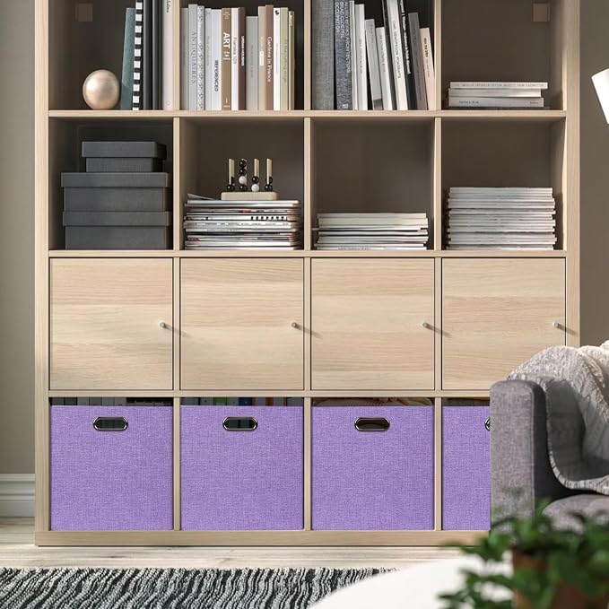 13x15x13 Storage Cube Bins, Foldable Storage Cubes, Fabric Organizer Basket Bin, Solid Containers Decorative Storage Boxes for Shelves Wardrobe Closet Home Office, 4 Pack, Purple
