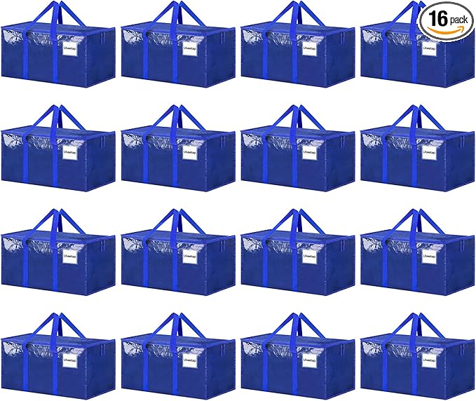 16 Pack Extra Large Heavy Duty Moving Bags, Blue Storage Bins with Lids, Reinforced Handles & Heavy-Duty Zippers Moving Boxes Storage Bags Totes for Clothes Packing, Dorms, College Supplies, Blue