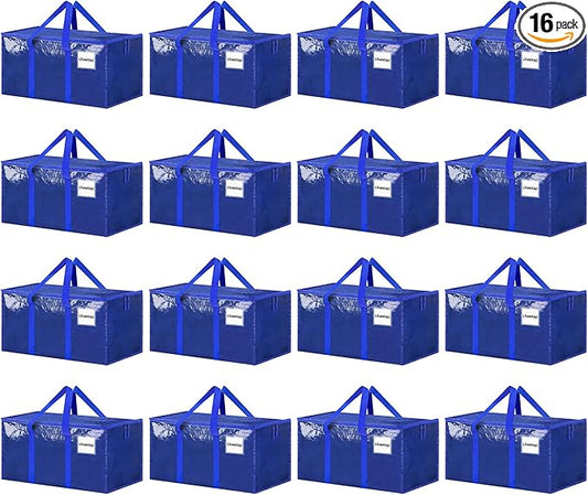 16 Pack Extra Large Heavy Duty Moving Bags, Blue Storage Bins with Lids, Reinforced Handles & Heavy-Duty Zippers Moving Boxes Storage Bags Totes for Clothes Packing, Dorms, College Supplies, Blue