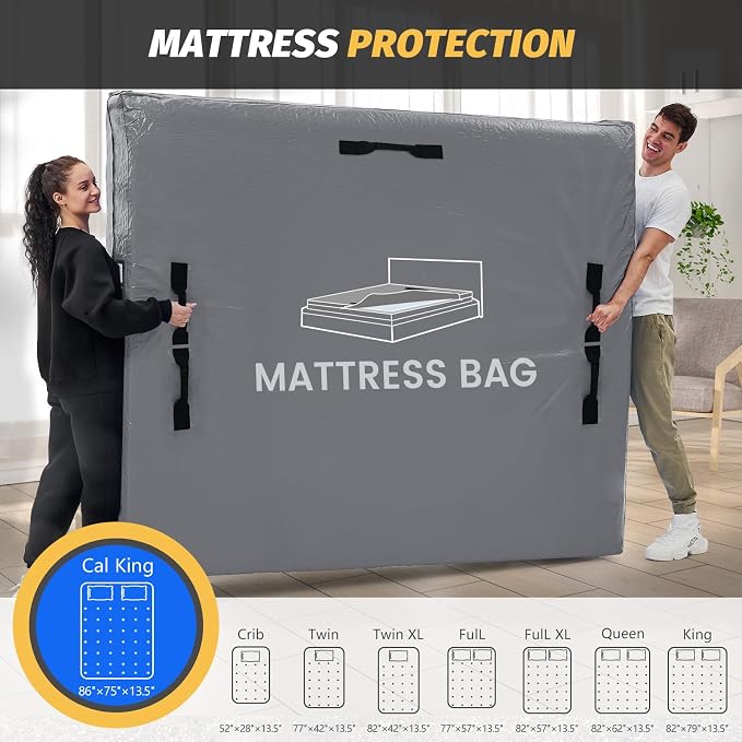 Mattress Bags for Moving and Storage, BETU Waterproof Mattress Protector Mattress Cover Cal King with 8 Heavy Duty Handles & Zipper Extra Thick Moving Supplies for Bed (86x75x13.5 Grey)