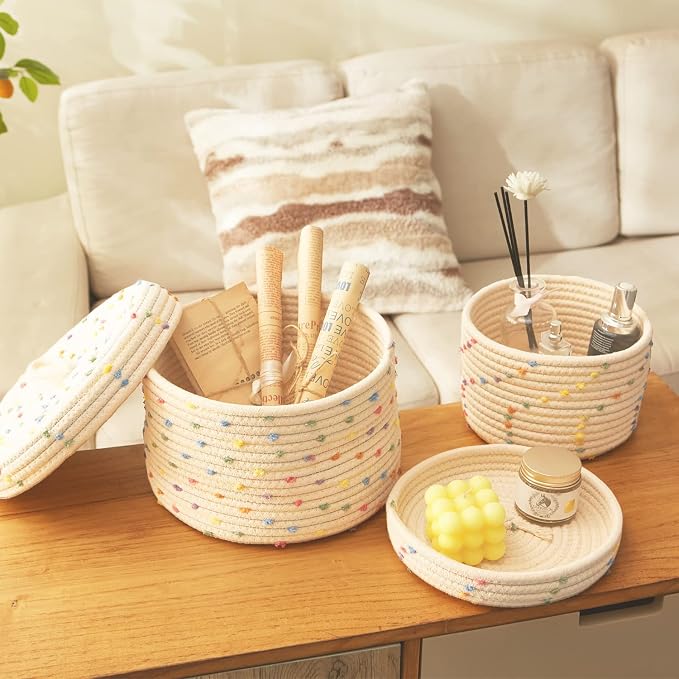 Esme L&H Round Storage Baskets with Lids,Small Storage Baskets Set of 2,Cotton Rope Woven Storage Basket,Small Decorative Basket, Colorful Rainbow Pompom, Cute Storage Bins, Box for storage