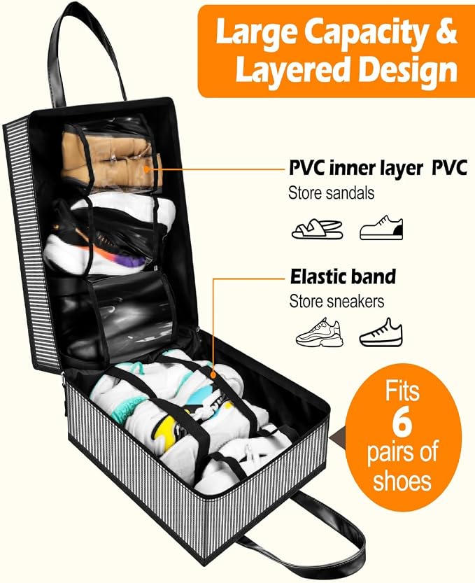 Yotako Shoe Bag for Travel with Leathers Handle-Portable Shoe Organizer with Pockets,3 in 1 Hanging Luggage Shoe Storage Bag,Travel Shoe Bag for Women Men Fit 6 PCS Shoes,Stripe