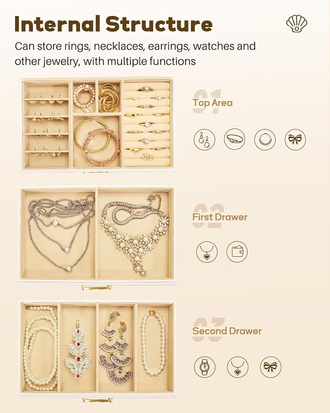 Enthralite Jewelry Box with 2 Drawers: Display Organizer for Earrings Necklaces - Gift for Girls Women (White) | Space-Saving Design for Elegant Vanity Order - Storage for Ring Earring Necklace Bracelet - Suits Women Who Value Style