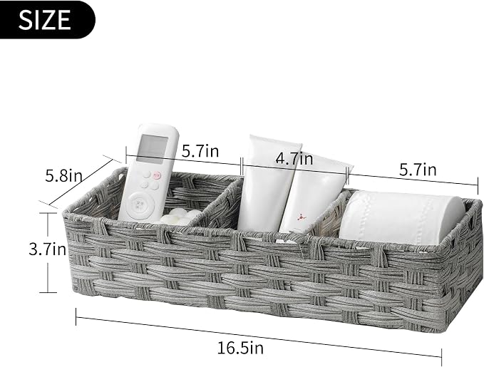 Toilet Tank Topper Paper Basket Multiuse Hand Woven Plastic Wicker Basket Bins with Divider for Shelves Rustic Farmhouse Bathroom Decor Countertop Organizer Storage