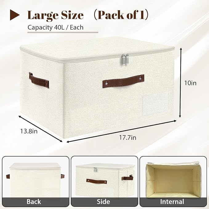 ANMINY 3PCS Storage Bins with Zipper Lid Storage Boxes with Label Holder PU Leather Handles Washable Foldable Decorative Lidded Cotton Linen Fabric Cubes Baskets Closet Organizer - Beige, Large