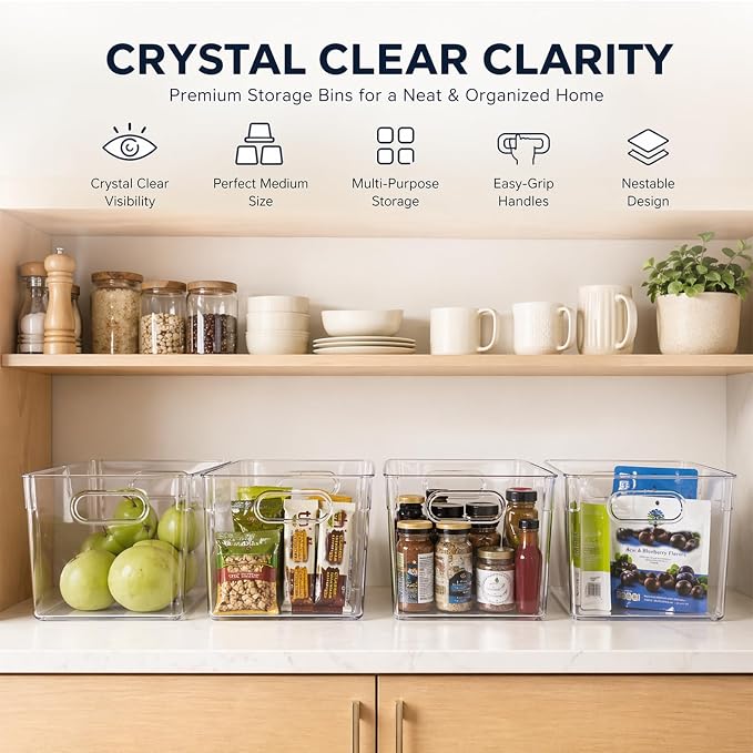 MOONEDGE Clear Plastic Storage Organizer Bins for Home Organization | Clear Bins for Organizing, Pantry Organizers and Storage, Kitchen, Fridge, Bathroom, Cabinet, Closet, Under-Sink, Laundry